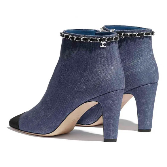 Chanel 20C Blue Denim Fabric Black Chain CC Logo Short Ankle Heel Boot Bootie 38 - Picture 10 of 12